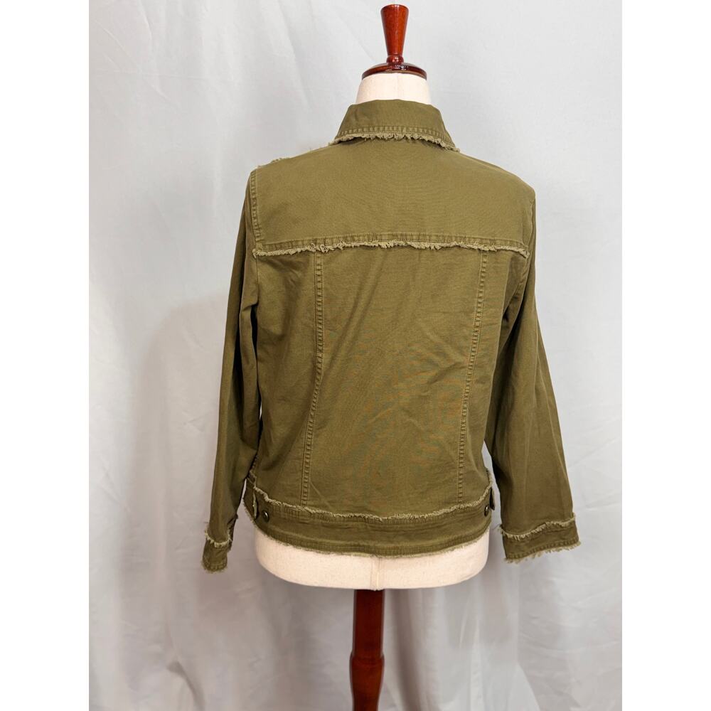 Habitat olive green denim jacket frayed edge cotton stretch pockets fall Sz M - Picture 5 of 9